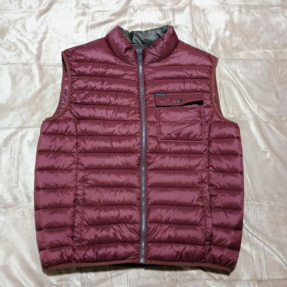 Calvin Klein Jeans Mens XL Puffer Vest Full Zip Quilted Burgundy Maroon